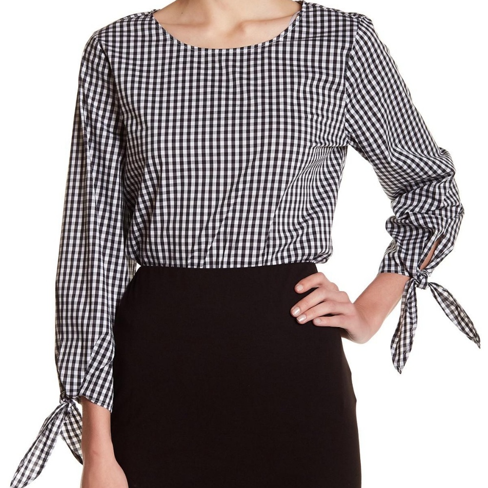 Vince Camuto Gingham Tie Sleeve Blouse - Picture 1 of 7